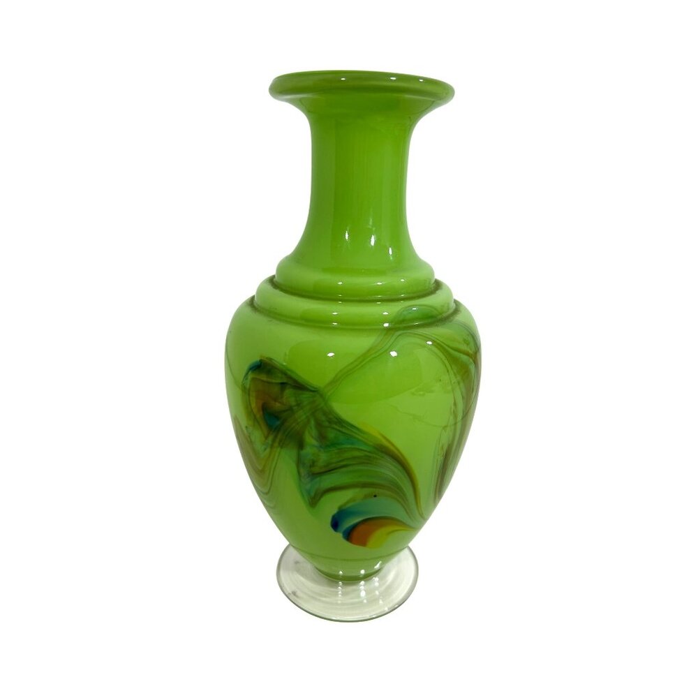 Apple Green Vtg Blown Art Glass Vase 9.25” Transparent Base Multicolor Swirls